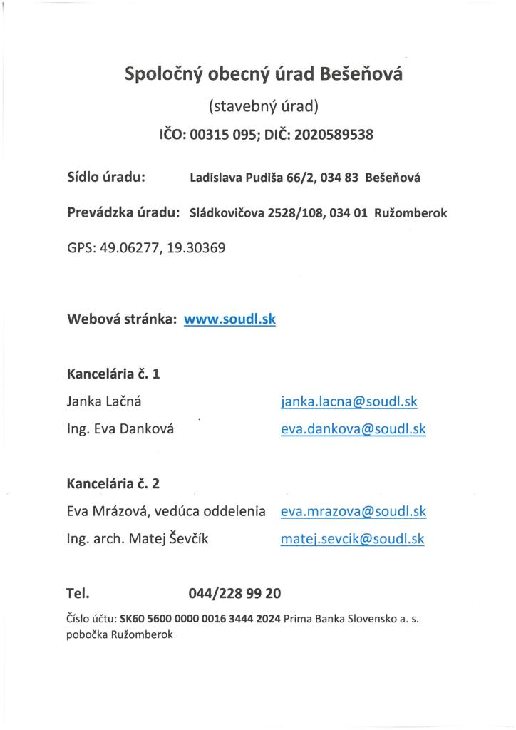 Stavebný úrad - kontaktoločný stavebný úrad Bešeňová